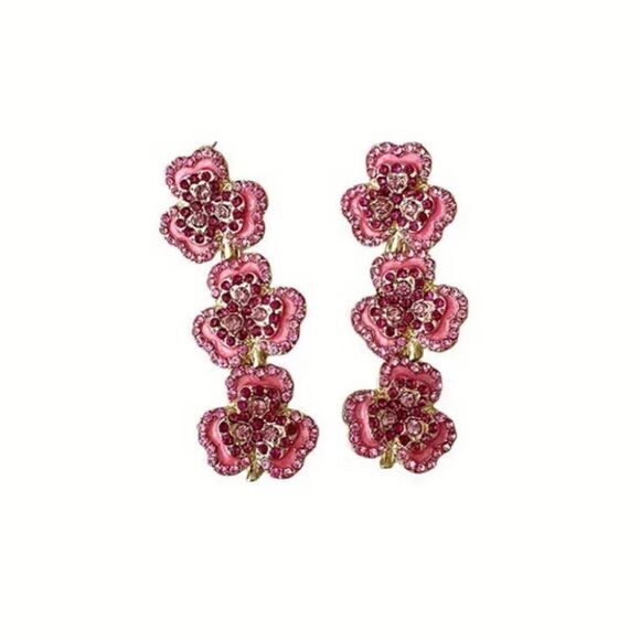✨🆕✨ Romantic Unique Gold Plated Pink Clover Simulated Gems Dangle Earrings✨ - Picture 5 of 10